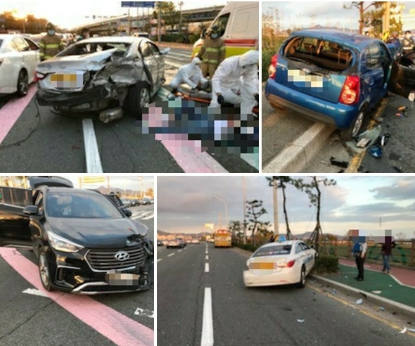 10월 11일 오후 5시 15분경 강서구 명호사거리 5중 충돌사고 현장.(사진제공=부산경찰청)