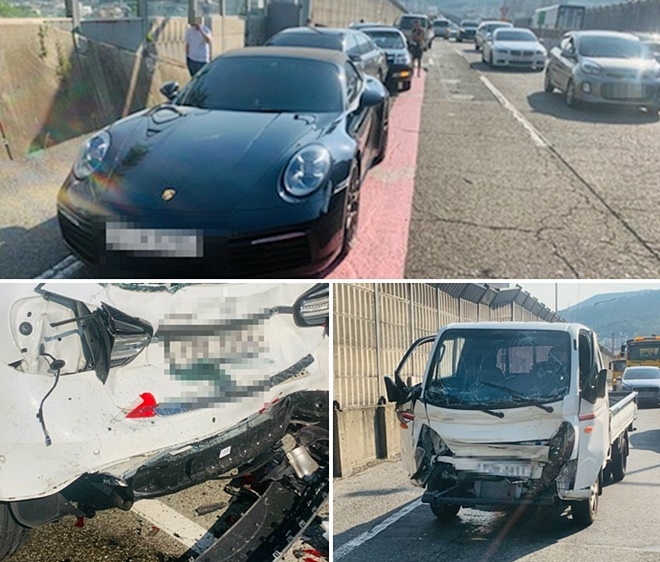 12일 오후 번영로 망미램프 시외방향서 4중 추돌 교통사고.(사진제공=부산경찰청)