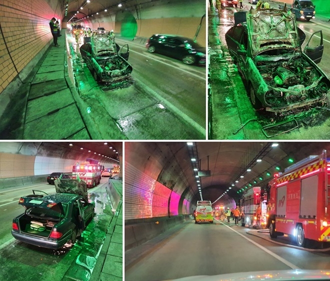 13일 오전 9시 52분경 부산 금정구 개좌터널 내 차량 화재.(사진제공=부산경찰청)