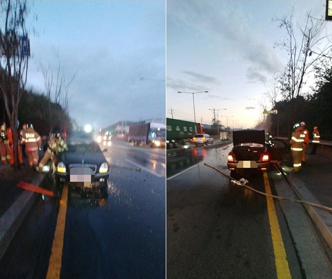 출동한 소방대가 체어맨 차량 화재를 진화하고 있다.(사진제공=부산경찰청)