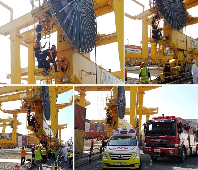 15일 낮 12시 40분경 부산신항만 1부두 국제터미널 안 크레인 207호서 추락사고.(사진제공=부산경찰청)