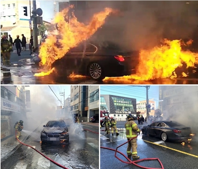 BMW차량 화재를 진화하고 있다. (사진제공=울산소방본부)
