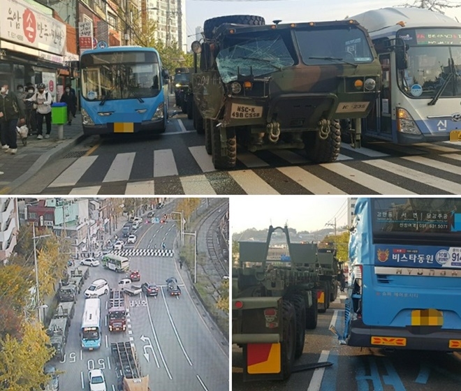 28일 오후 부산 남구 우암동 부산은행 앞에서 미군차량과 시내버스간 교통사고. (사진제공=부산경찰청)