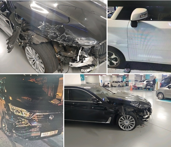 10월 29일 오후 11시 30분경 음주운전으로 수영구 민락동 곱창골목 일대 주차된 차량 7대를 충돌하고 도주한 후 인근 아파트지하주차장서 현행범 검거.(사진제공=부산경찰청)