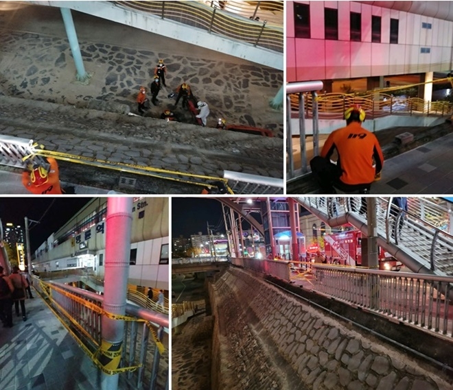 11월 11일 오후 10시경 명륜역 1번출구 난간서 추락사고.(사진제공=부산경찰청)