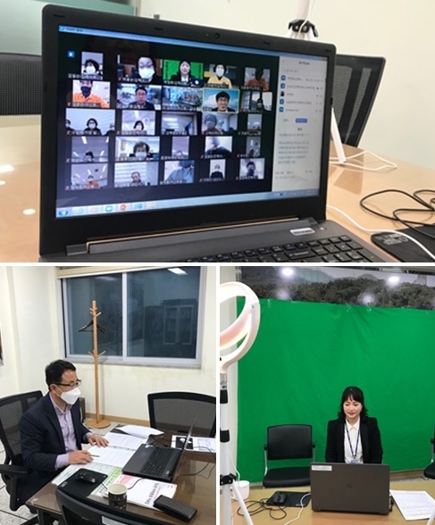 ZOOM을 활용한 실시간 온라인으로 선배시민 자원봉사단 경남권 지역총회를 진행하고 있다.(사진제공=김해시서부노인종합복지관)