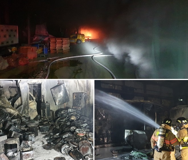 11월 25일 오후 9시경 부산 강서구 송정동 밸브도장공장서 발생한 화재를 진화하고 있다.(사진제공=부산소방재난본부)