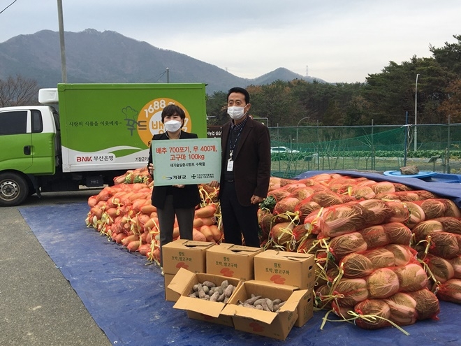11월 26일 기장군농업기술센터에서 실증시험포 수확물 배추, 무, 고구마를 기장군지역자활센터 기장군 기초푸드뱅크에 기부하고 기념촬영.(사진제공=부산 기장군)