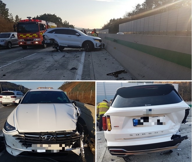 12월 5일 오후 3시 51분경 경부고속도로 서울방면 언양휴게소 3km지난 지점서 교통사고.(사진제공=부산경찰청)