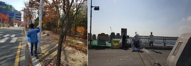 (왼쪽)정관읍 도로변 불법광고물 철거 모습/(우측)일광해수욕장 주변 불법 현수막 철거 모습.(사진제공=부산 기장군)