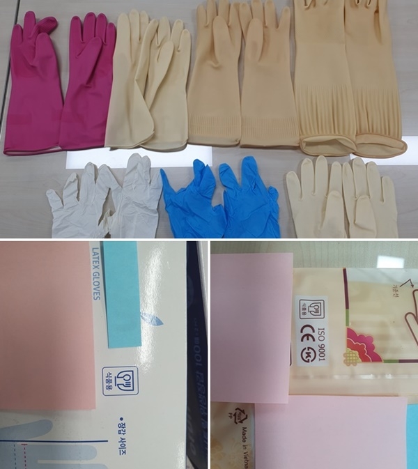 적발된 고무장갑과 현품에 표시된 식품용 기구 도안.(사진제공=부산본부세관)