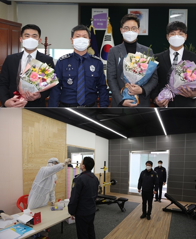 우희경 소장이 임용자들과 기념촬영/직원들을 상대로 코로나19검사를 하고 있다.(사진제공=부산구치소)