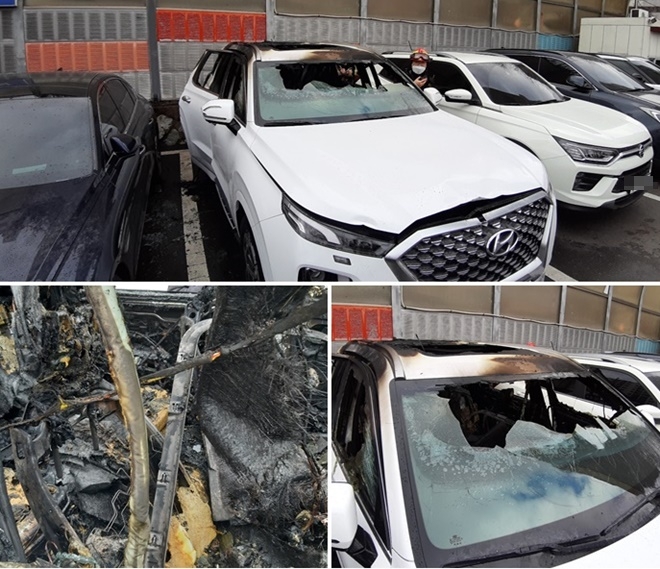 25일 오전 울산 중구 남외도 한 빌딩 옥외주차장에 주차된 차량내부 화재. (사진제공=울산소방본부)