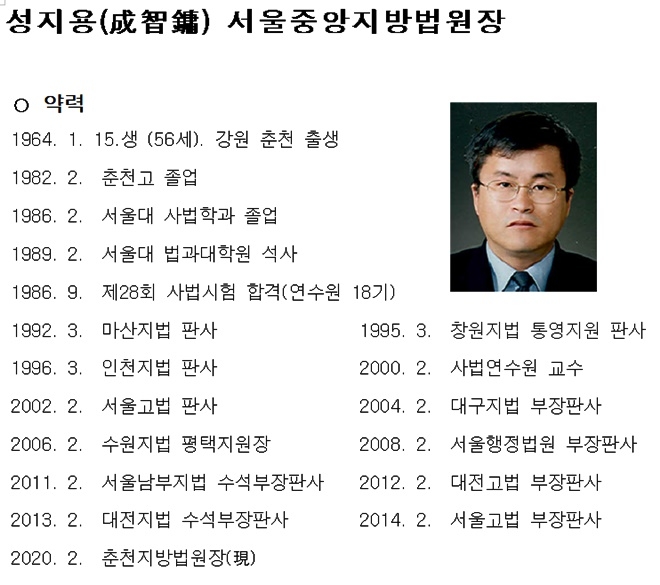 성지용 서울중앙지법원장 약력.(제공=대법원)