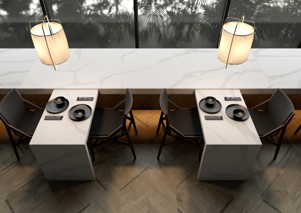 온라인 쇼룸을 통해 공개된 LG하우시스 엔지니어드 스톤 '비아테라-칼라카타' 제품이 적용된 레스토랑 공간 모습.(사진=LG하우시스)