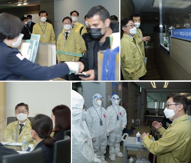 (사진위부터 시계방향) 박범계 장관이 인천공항으로 입국하는 외국인 건강상태를 검역하는 검역소를 점검하고 있다. /외국인 입국 시 사용하는 PCR 검사 과정 메뉴얼을 점검하고 있다./ 박범계 장관이 인천공항에 지원 나온 검역직원들을 격려하고 있다./박범계 장관이 인천공항출입국외국인청 직원들과 간담회를 하며 애로상황을 듣고 있다. (사진제공=법무부)