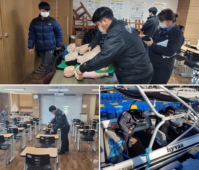 남해해경청 직원들이 18일 면허시험 교육장 내 비치된 안전교육 실습장비(심폐소생술 실습용 마네킨), 교육설비와 동력수상레저기구 조종면허시험 실습용 보트를 점검하고 있다.(사진제공=남해해경청)