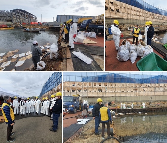 공정호 방제기술 전문위원(노란색조끼)이 송유관 기름유츨 현장에 배치돼 현장을 지원하고 있다.(사진제공=울산해양경찰서)