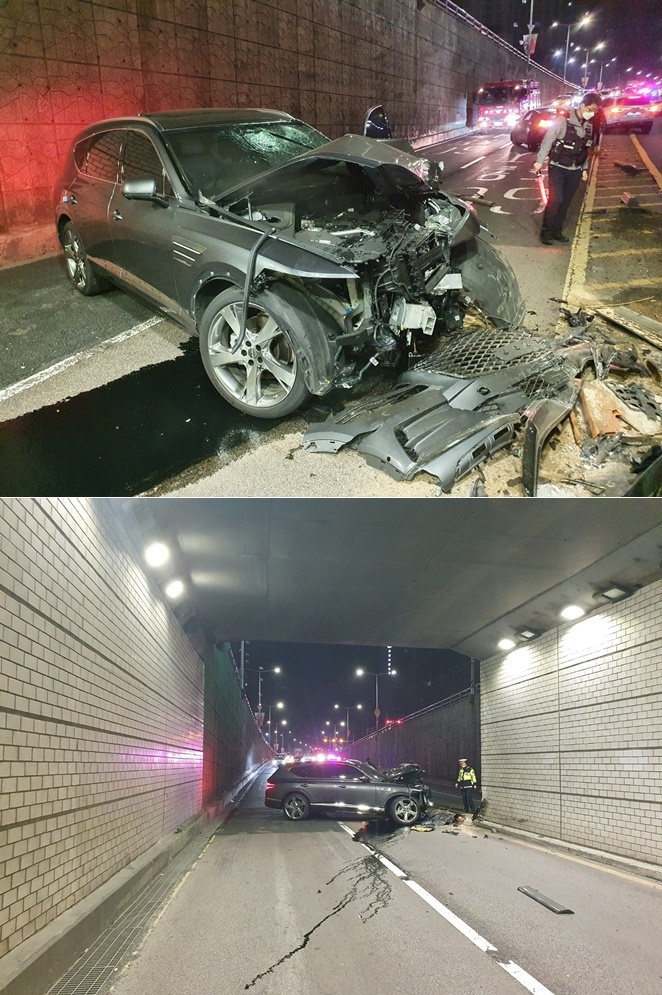 대남지하차도 중앙교각 충격사고.(사진제공=부산경찰청)