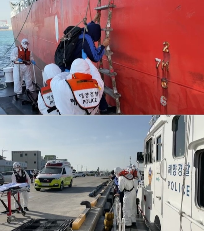 외국인 선원 응급환자를 긴급 이송하고 있다. (사진제공=울산해양경찰서)