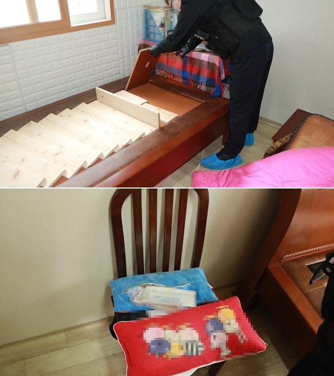 돌침대까지 분해하며 수색한 끝에 1시간 만에 의자위 베개 안에서 현금을 발견.(사진제공=부산경찰청)