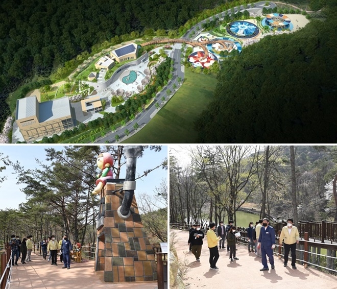기장군 장안읍에 있는 안데르센 동화마을의 조감도/ 기장군수가 관계 공무원과 함께 장안읍 소재 안데르센 동화마을 사업현장을 점검하고 있다.(사진제공=부산 기장군)