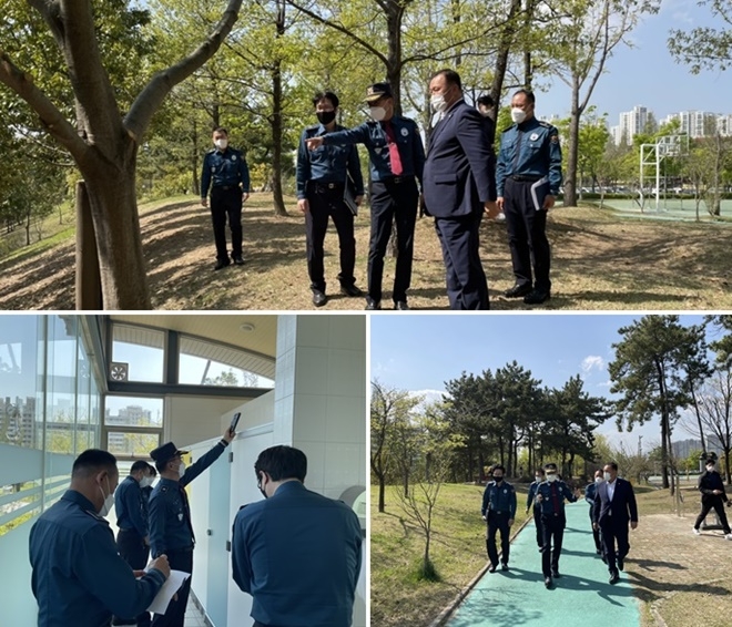창원중부서는 8일 백승규 시의원과 함께 환경개선 된 가음동 대방녹지공원을 점검하고 있다. (사진제공=창원중부경찰서)