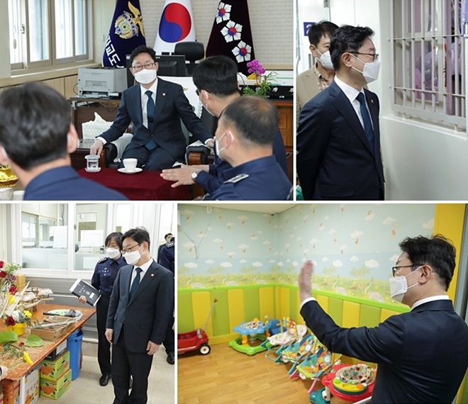 박범계 법무부 장관이 간부들과 환담하며 의견을 청취하고 있다./법무부 장관이 양육유아 수용거실을 돌아보고 놀이방 환경을 점검하고 있다./박 장관이 지방기능대회 화훼장식 금상 수상자를 격려하고 있다. (사진제공=법무부)