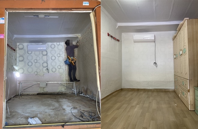 도배 기술을 가진 사회봉사 대상자가 도배를 하고 있다.(사진제공=창원준법지원센터)