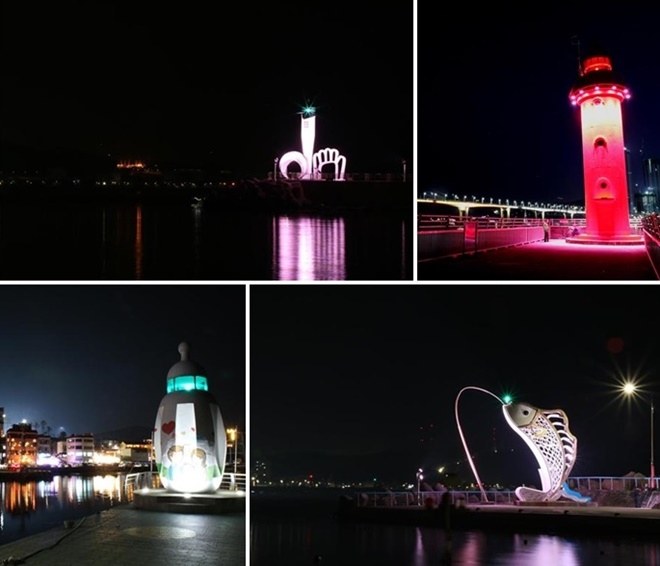 (사진위부터 시계방향) 칠암항남방파제등대(야구등대)/부산남항동파제 등대/임랑항방파제등대(물고기등대)/서암항남팡파제등대(젖병등대). (사진제공=부산해수청)