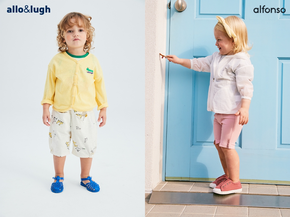 (왼쪽)알로앤루 ‘가든 플레이 위드 가디건’&’ 가든 해피 덕스 바지’, (오른쪽) 알퐁소 ‘C.사파리 제이 점퍼’&’ C.걸스 제이 팬츠’.(사진=제로투세븐)