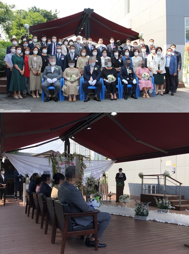 제38회 작은 결혼식 단체사진/수원지검 신성식 검사장이 축사를 하고 있다.(사진제공=한국법무보호복지공단경기지부)