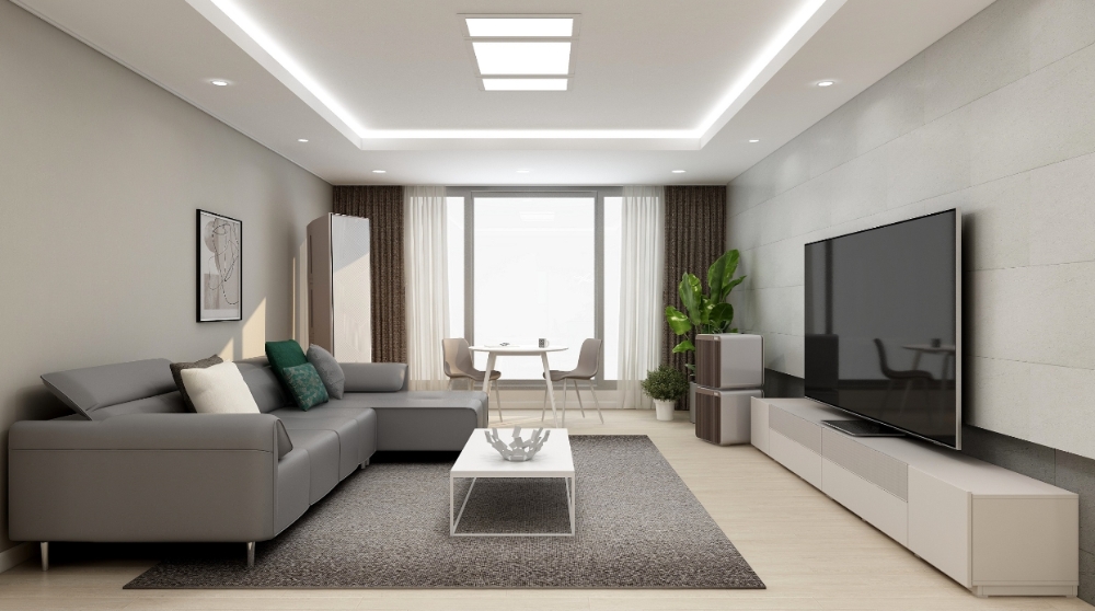 한샘 가구와 삼성전자 가전으로 꾸민 VR모델하우스 거실.(사진=한샘)