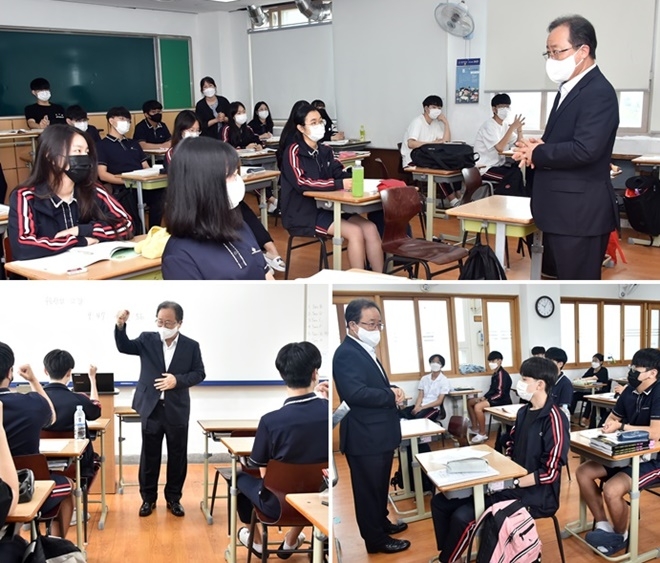 수험생을 격려하고 있는 김석준 부산교육감.(사진제공=부산시교육청)