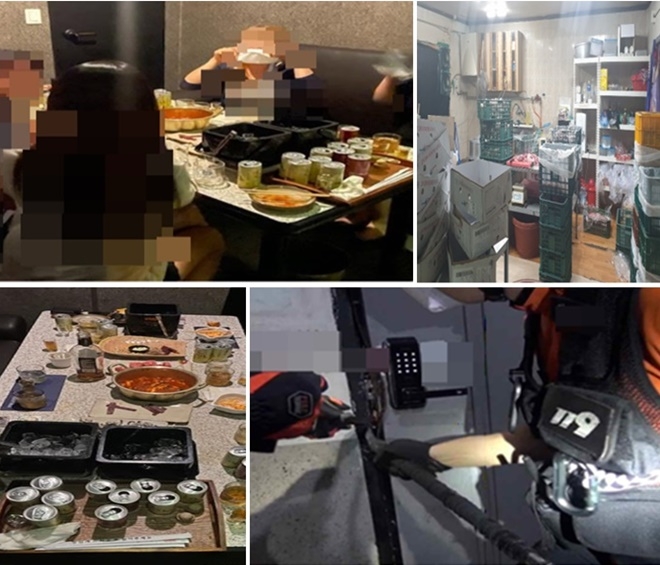 방역수칙 위반(유흥접객원 동석 5인 음주, 취식행위)/무허가 축산물가공업 영업행위/ 집합금지시설 심야 불법영업장 강제개문(소방협조)/일반음식점 유흥접객영업 주류, 음식제공.(사진제공=부산시)