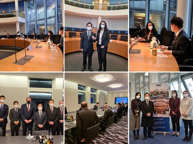 (사진위부터시계방향) 박범계 법무부장관이 독일 연방하원 법사위 위원장, 각 정당 의원들과 토론하고 있다./박범계 법무부장관이 엘리자베스 빙켈마이어-베커 독일 연방하원 법사위 위원장과 간담회를 갖고 기념촬영을 하고 있다./ 박범계 법무부장관이 엘리자베스 빙켈마이어-베커 독일 연방하원 법사위 위원장과 토론하고 있다./박범계 법무부장관이 베를린 대한민국 비자센터를 방문하여 직원들과 기념촬영을 하고 있다./박범계 법무부장관이 독ㆍ한법률가협회와 간담회를 갖고 있다./박범계 법무부장관과 독ㆍ한법률가협회 간담회 참석자들이 기념촬영을 하고 있다.(사진제공=법무부)