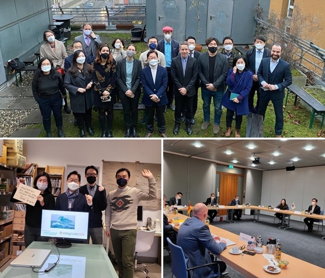 (위부터시계방향) 박범계 법무부장관과 독일 스타트업 관계자들이 베타하우스에서 기념촬영을 하고 있다./박범계 법무부장관이 독일 상공회의소를 방문하여 스타트업 지원 관련 간담회를 갖고 있다./박범계 법무부장관과 이지쿡아시아 관계자들이 기념사진을 찍고 있다.(사진제공=법무부)