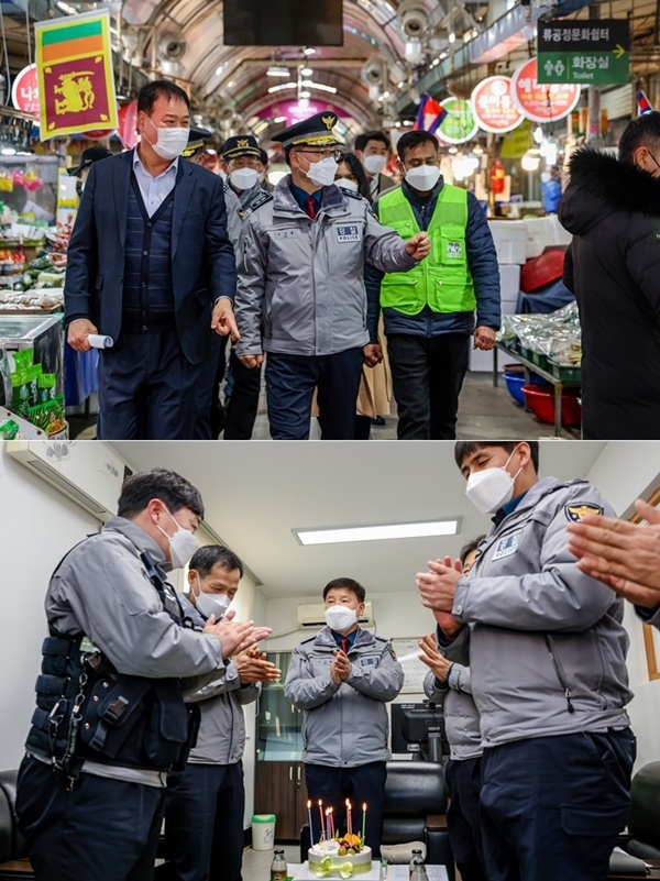 이상률 청장이 김해 동상동 외국인 거리를 외국인 명예경찰대와 합동 순찰을 하고 있다./ 생일을 맞은 직원을 위해 깜짝이벤트(생일 케이크, 책 선물, 커피 기프트카드)를 마련해 사기를 북돋워주고 있다.(사진제공=경남경찰청)