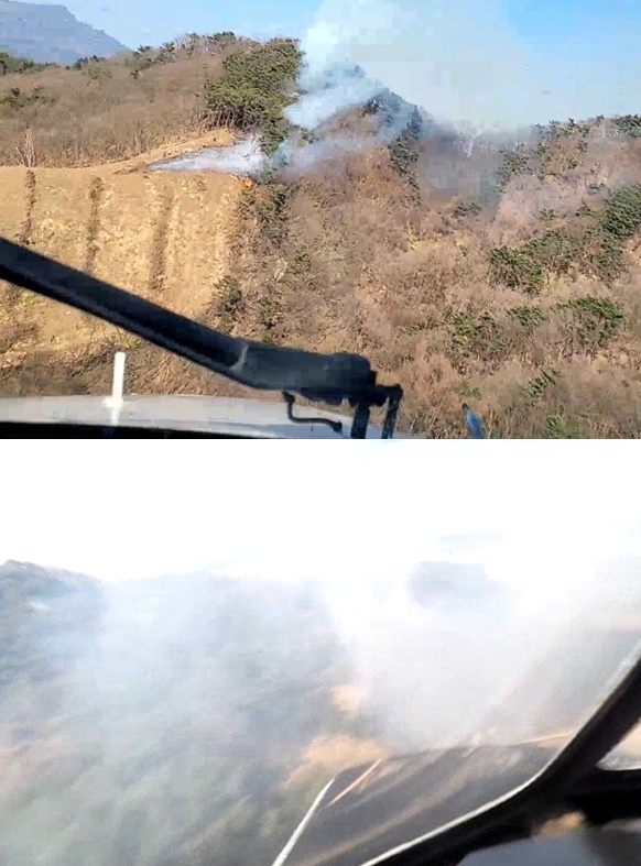 (위부터)충북 보은과 경북 구미 산불현장.(사진제공=산림청)