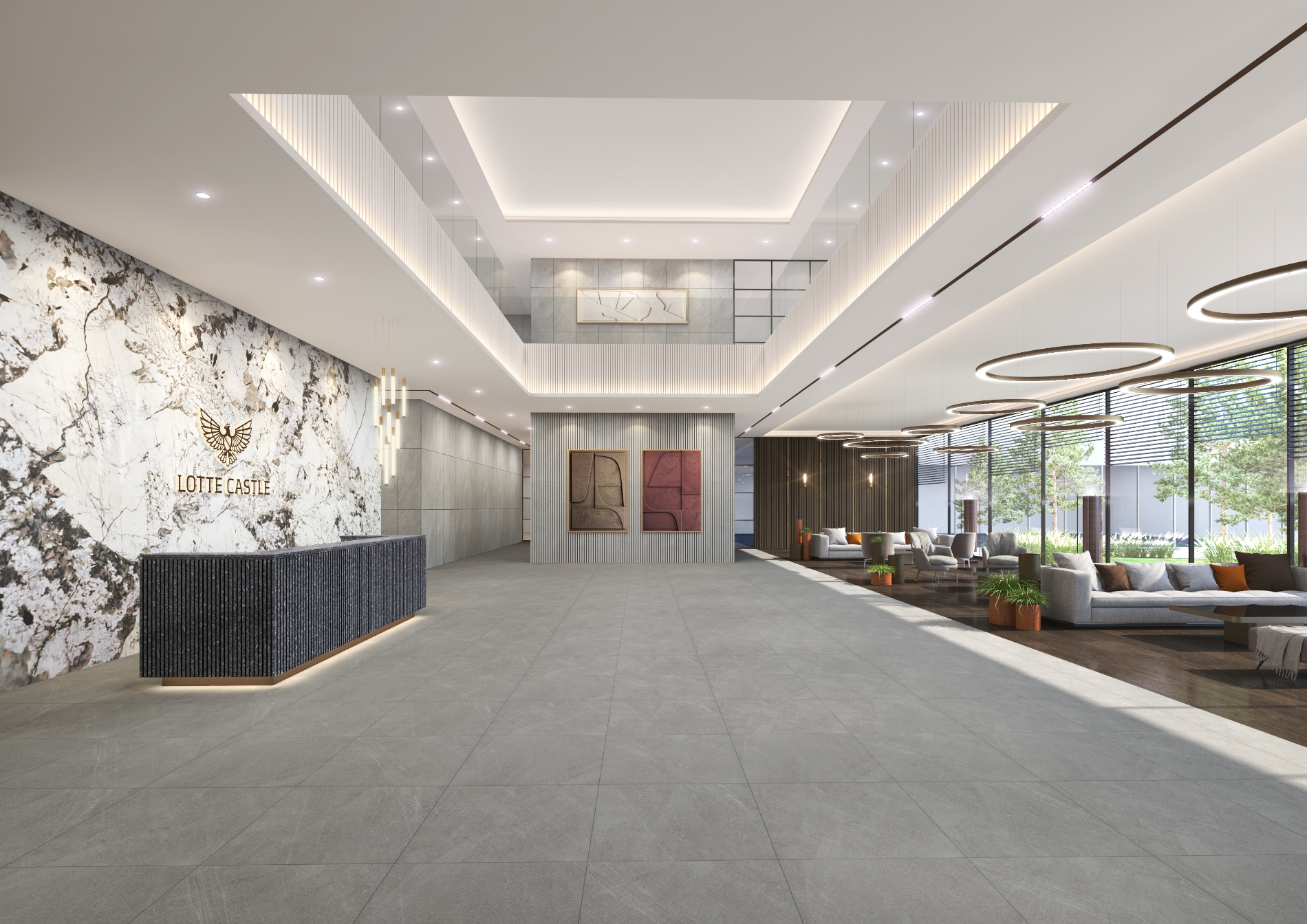 호텔 라운지를 연상케 하는 롯데캐슬의 커뮤니티 메인 로비 리뉴얼 전경.(사진=롯데건설)