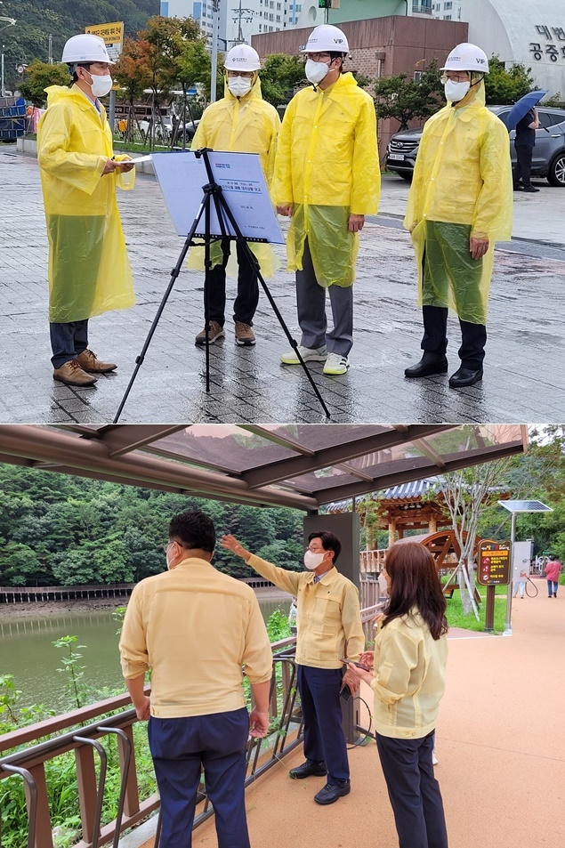 (사진위) 박형준 부산시장(사진 오른쪽 두번째)과 정종복 기장군수(사진 오른쪽 첫번째)는 태풍 힌남노를 대비해 5일 오후 4시경 대변항을 방문 점검하고 있다.(사진아래) 정종복 기장군수(사진 가운데)는 태풍 힌남노를 대비해 5일 오후 1시경 병산저수지를 방문 점검하고 있다.(사진제공=부산 기장군)