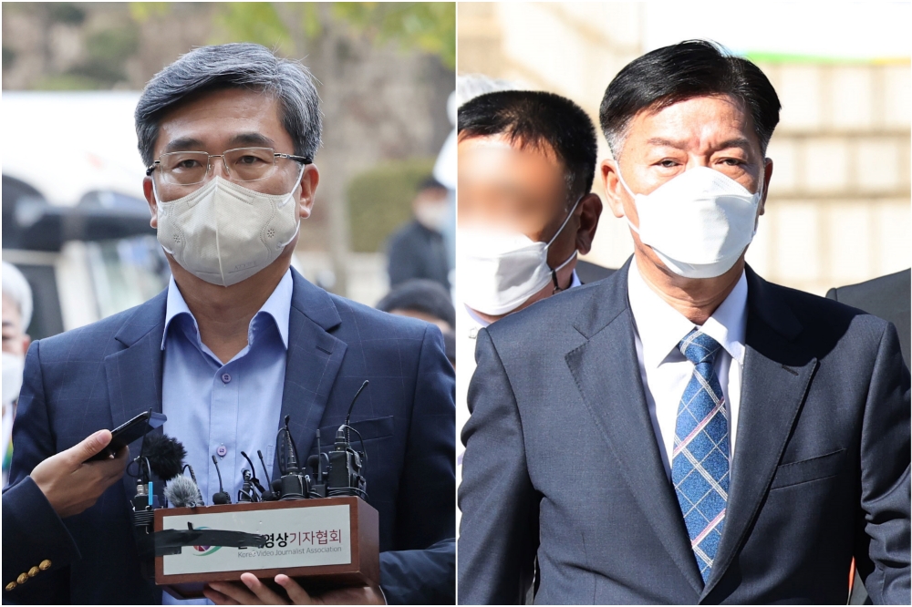 서욱 전 국방부 장관(왼쪽)과 김홍희 전 해양경찰청장이 21일 영장실질심사를 받기 위해 서초동 서울중앙지법으로 들어서고 있다. 사진=연합뉴스