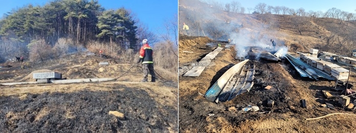 (사진왼쪽부터) 경남 거창, 쓰레기 소각 중 산불/충남 부여 농막하우스 용접 불티날림에 의한 산불.(사진제공=산림청)