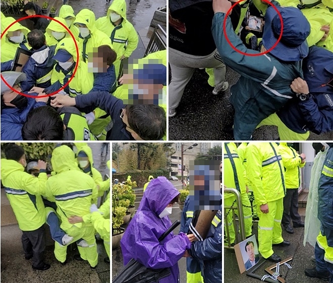 사진위부터시계방향으로인의 영정을 들고 있는 유족 대표를 막아서고 있는 경비대/경비대에 의해 쓰러진 유족 대표/부서져버린 고 신명철 노동자의 영정/부서진 고인의 영정을 부여잡고 오열하는 유족/경비대의 폭행으로 계단에 쓰러진 하청지회 부지회장. (사진제공=금속 현중지부 사내하청지회)