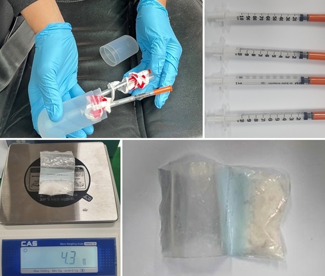 필로폰 투약에 사용한 주사기/압수한 필로폰 결정체.(제공=대구경찰청)