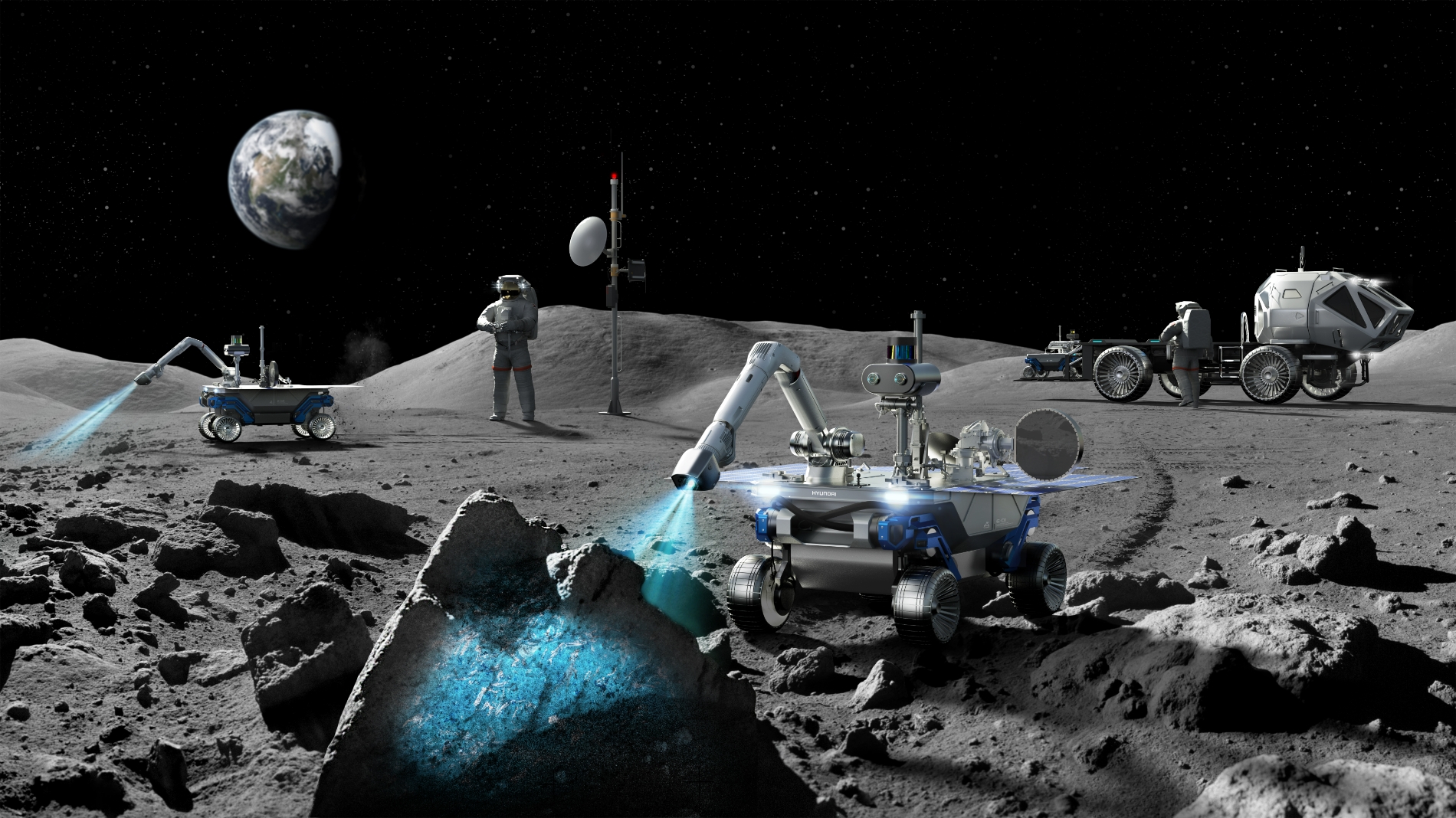 현대차그룹의 ‘달 탐사 전용 로버’가 달 탐사를 하고 있는 비전 이미지.(사진=현대차그룹)