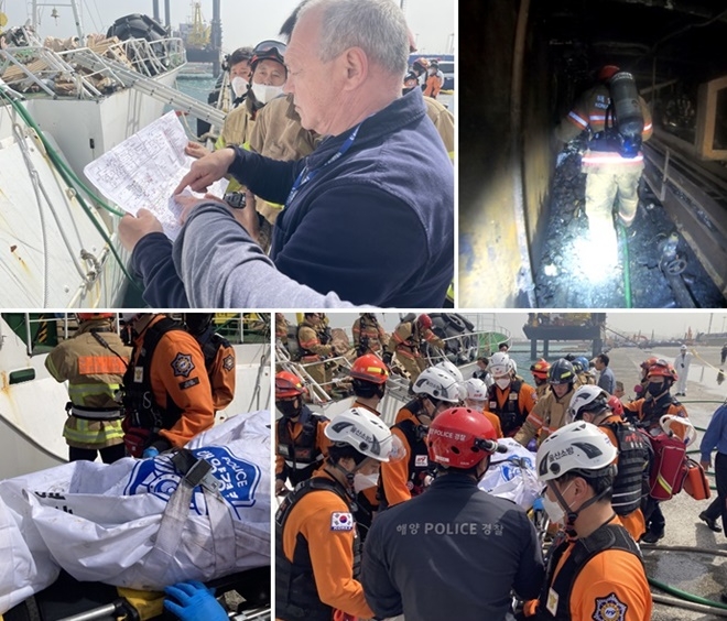 사고당시 선박관계자와 구조대원들이 선박 내 구조상황을협의하고 있다./구조대원들이 선내 실종선원들 시신을 수습하고 있다.(사진제공=울산해양경찰서)