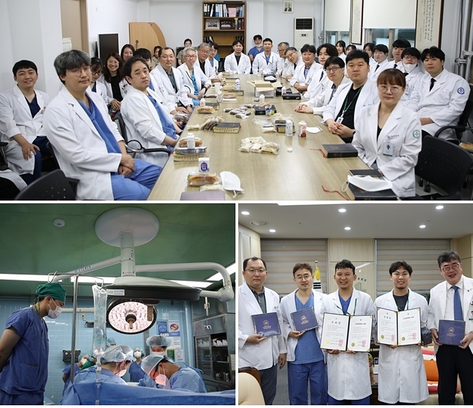 (사진위부터 시계방향)외과 세미나 중 기념촬영./연수지도교수와 함께(왼쪽부터 서경원, 문형환 교수, 연수의사 2명, 오경승 병원장)./수술실 참관하는 연수의사 남수.(사진제공=고신대복음병원)