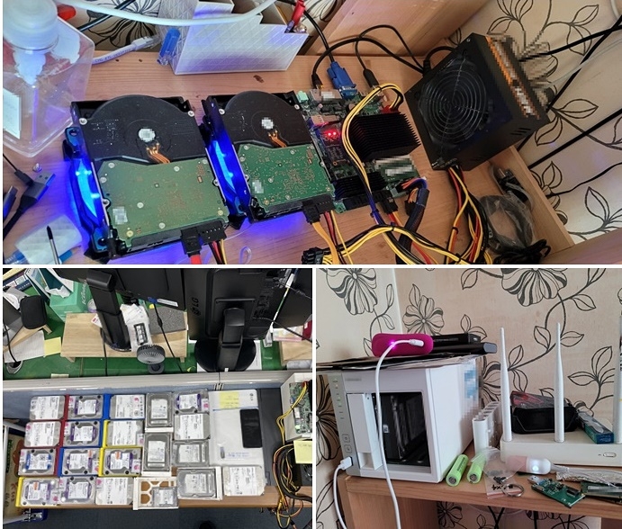 피의자 주거지 NAS 서버에 연결된 외장하드/피의자가 사용한 NAS 서버/ 압수한 하드디스크, 노트북, 휴대폰, NAS 서버. *NAS 서버 : 불법촬영물 등 저장 및 불법촬영물을 다운로드 받을 수 있도록 하기 위한 장치.(사진제공=부산경찰청)