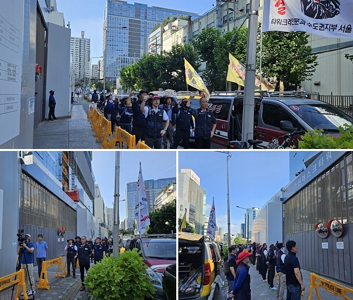 건설산업노동조합이 8월 3일 서울 금천구 가산동 아스크타워 건설 현장 앞에서 체불해결 촉구 집회를 갖고 있다. (사진제공=건설산업노조)